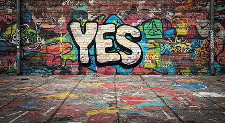 Obraz premium Colorful graffiti artwork with the word “YES” on a brick wall