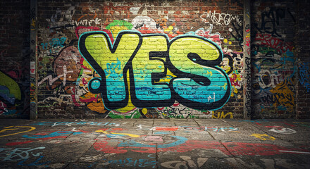 Obraz premium Colorful graffiti artwork with the word “YES” on a brick wall