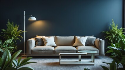 Modern living room interior with a comfortable sofa, contemporary furniture, and stylish home decor