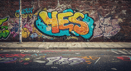Colorful graffiti artwork with the word &ldquo;YES&rdquo; on a brick wall