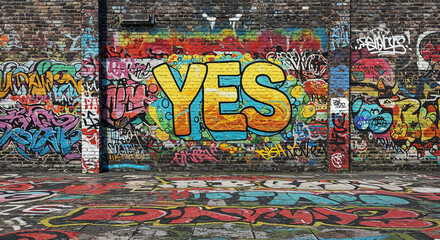 Colorful graffiti artwork with the word “YES” on a brick wall