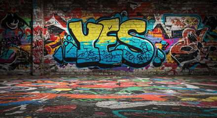 Obraz premium Colorful graffiti artwork with the word “YES” on a brick wall