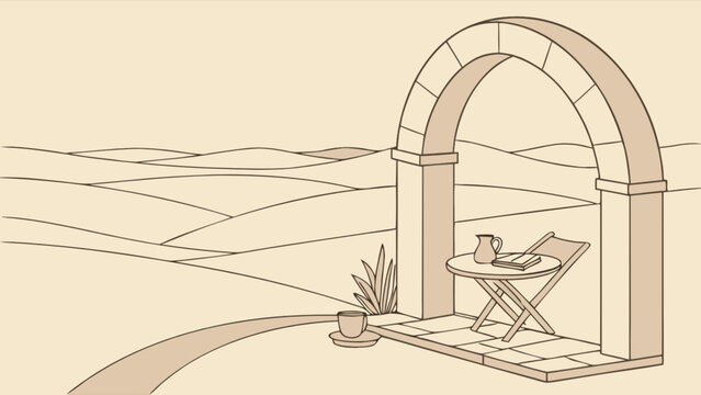 Archway view landscape drawing vector illustration scenic outdoor nature coffee table relaxing vacation spot