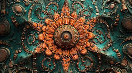 Intricate embossed pattern shows an artistic display with a floral motif in copper, brown, and turquoise for a decorative background.