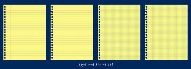 リーガルパッド風のノート背景・フレーム素材セット。横罫・方眼・穴あきなど、Webや紙面デザインに使える汎用的な黄色い紙ベースのグラフィック素材｜背景,ノート風,紙,ベクター