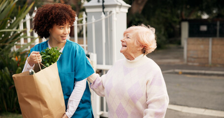 Home, groceries and senior woman with caregiver for assistance, support and care walking to door....