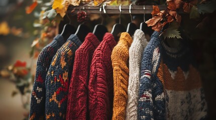 Cozy sweaters in autumn hues hang on a rack, offering warmth and style for the fall season wardrobe transition.