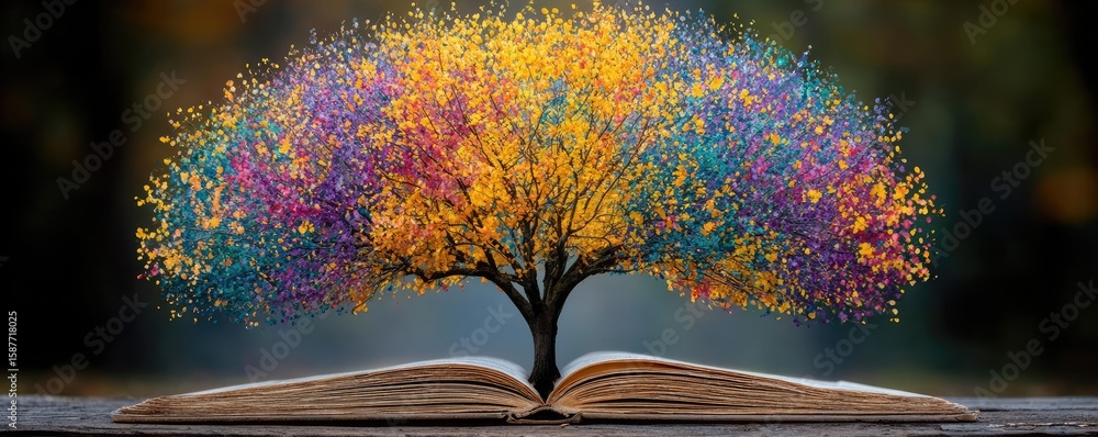 Poster daily renewal with self journal concept. a colorful tree emerging from an open book, symbolizing kno