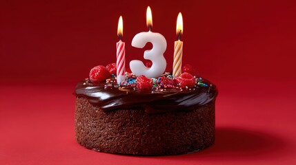 Chocolate cake with chocolate icing, topped with raspberries, sprinkles, and three lit candles on a red background.