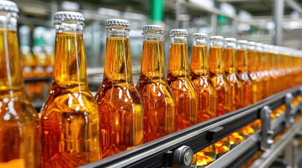 Rows of amber glass bottles move along a conveyor belt in a beverage factory, showcasing an industrial production line.