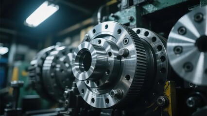 Obraz premium Close - up of industrial equipment, with metal parts precisely engaged, showcasing the precision and sense of technology in mechanical processing, conveying an atmosphere of industry, manufacturing, a