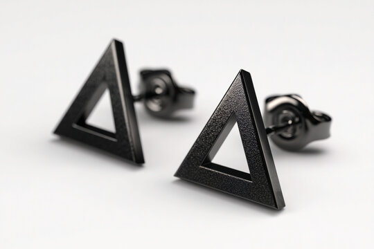 A photorealistic black earrings with minimalism-inspired triangular shape