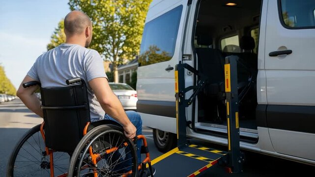 Man in wheelchair using a van lift for accessible transportation