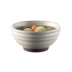 A bowl of comforting soup filled with vegetables and hearty ingredients on a white background, perfect for showcasing healthy eating or delicious recipes.