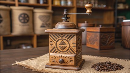 Cultural local coffee concept. Vintage coffee grinder in a cozy setting with coffee beans scattered on a textured surface.