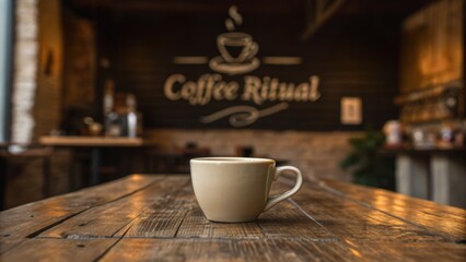 Cultural local coffee concept. A coffee cup sits on a wooden table in a cozy café setting with a decorative wall behind.
