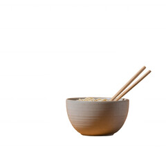 A bowl of noodles with chopsticks resting on the side, isolated on a white background, showcasing a simple yet elegant dining experience.