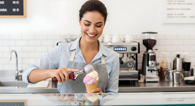Smiling Woman Scooping Delicious Ice Cream into a Cone in a Bright Shop