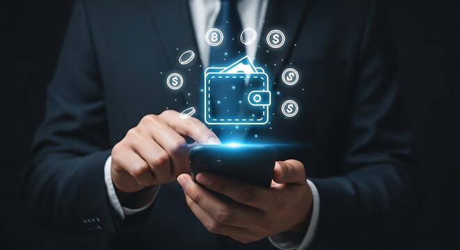 Businessman using digital wallet on smartphone with floating cryptocurrency icons