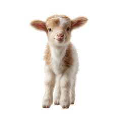 Fototapeta premium A charming baby goat standing, showcasing its soft fur and playful demeanor. Perfect for nature, farming, or animal-themed projects. Captures the innocence of young animals.