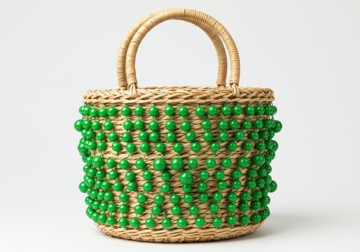 Woven straw handbag with green beaded embellishments isolated on white background