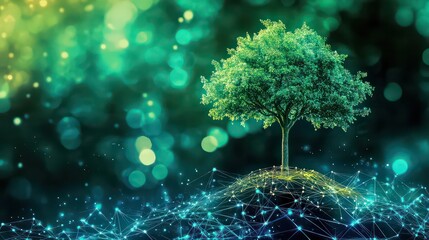 A single tree on a digital hill with a bokeh background in shades of green and blue lighting effect