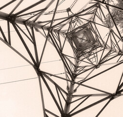 High-voltage tower photographed from below