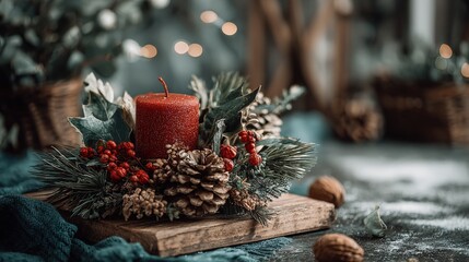 Festive red candle centerpiece with pinecones, berries, and greenery on wooden board, creating a cozy holiday atmosphere with soft, ambient lighting.