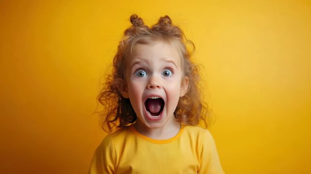 Child girl surprised emotion expression with curly hair and open mouth on yellow background capturing childhood wonder and amazement in vibrant portrait full of energy and shock
