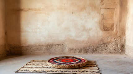 Beige room interior with woven tray