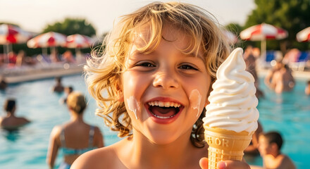 Delighted Child Enjoying Ice Cream at a Sunny Swimming Pool