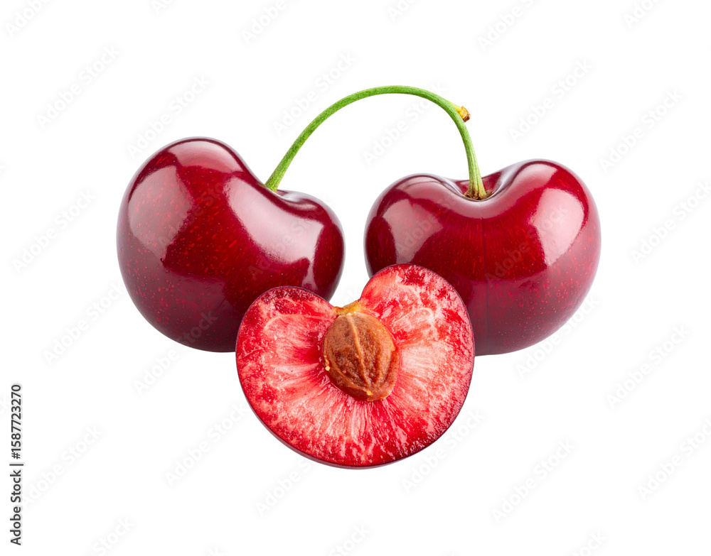 Poster two ripe glossy red cherries on a stem with one sliced in half showing the pit.