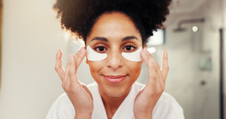 Woman, portrait and eye mask for skincare in bathroom for morning routine, moisturizing and self...
