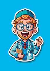 Fototapeta premium Friendly male doctor character in a white coat. blue shirt. and tie. holding a clipboard. with a confident pose against a solid blue background.