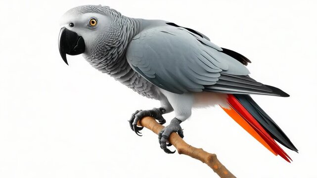 An african grey parrot perched on a branch, isolated on white background