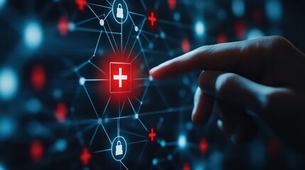 A finger interacts with a digital interface featuring medical symbols and security icons connected by lines