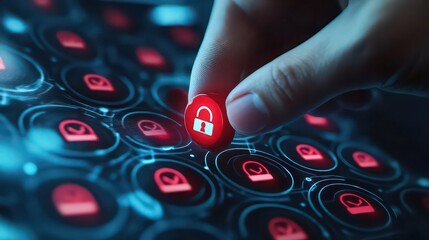 Hand selecting a red lock icon from a grid of security symbols on a digital interface screen