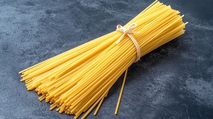 Bundle of uncooked spaghetti on dark background
