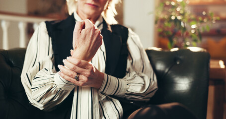 Hands, business woman and wrist pain with injury, repetitive stress or fibromyalgia with remote...