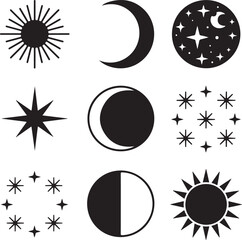 Celestial icons sun moon stars crescent phases vector