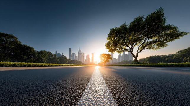 A road with a white line in the center leads to a city skyline at sunset, flanked by trees on both sides, showcasing a blend of nature and urban architecture.