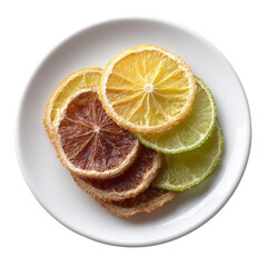A decorative assortment of dried citrus fruit slices, including lemon and lime, arranged on a white plate. Ideal for culinary presentations, crafting, or natural decor.