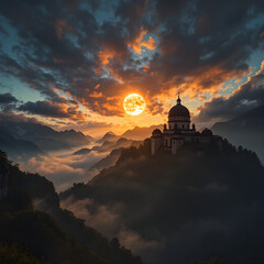 Fototapeta premium A large church is on top of a mountain with a large moon in the sky