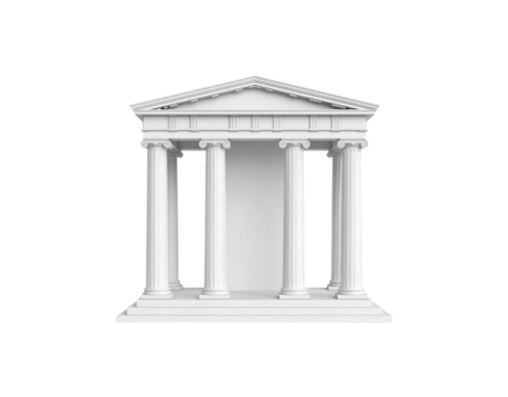 White classical temple portico with six fluted Ionic columns 3D architectural rendering.
