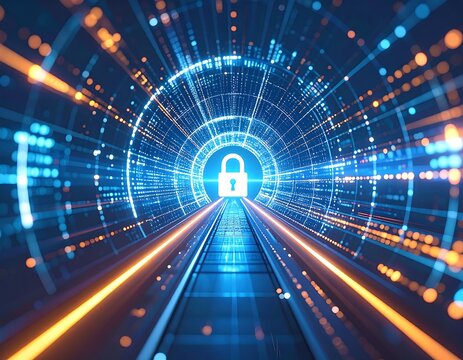 Futuristic tunnel, security lock, digital data