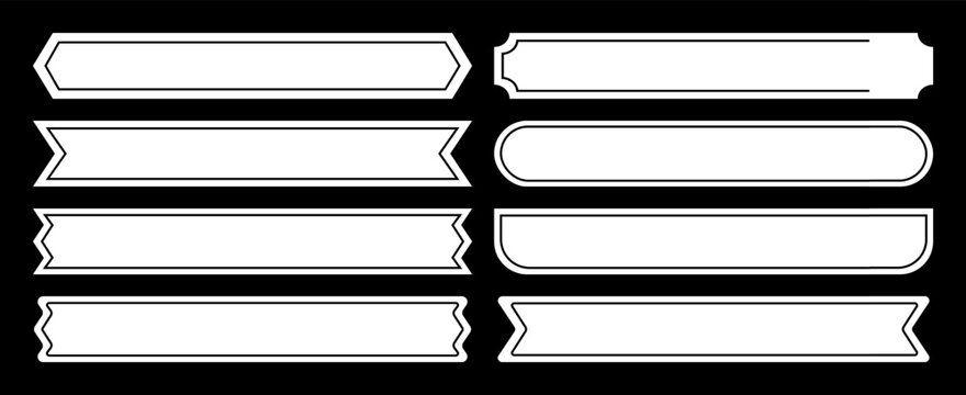 Set of white ribbon banners in a classic style. Collection of simple flat labels, vintage frames, and empty plaques with a black border.