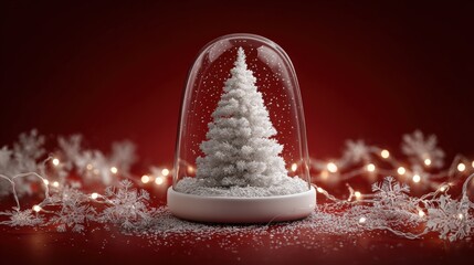 A snow globe with a white Christmas tree inside, surrounded by snowflakes and warm fairy lights on a red background, creating a festive atmosphere.