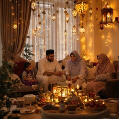 Happy Muslim Family Celebrating Ramadan Together Festive Evening