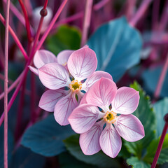 Two pink flowers with white centers are in a green background