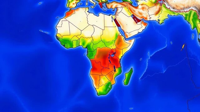 A colorful map of africa displays climate and geographical data with distinct country borders